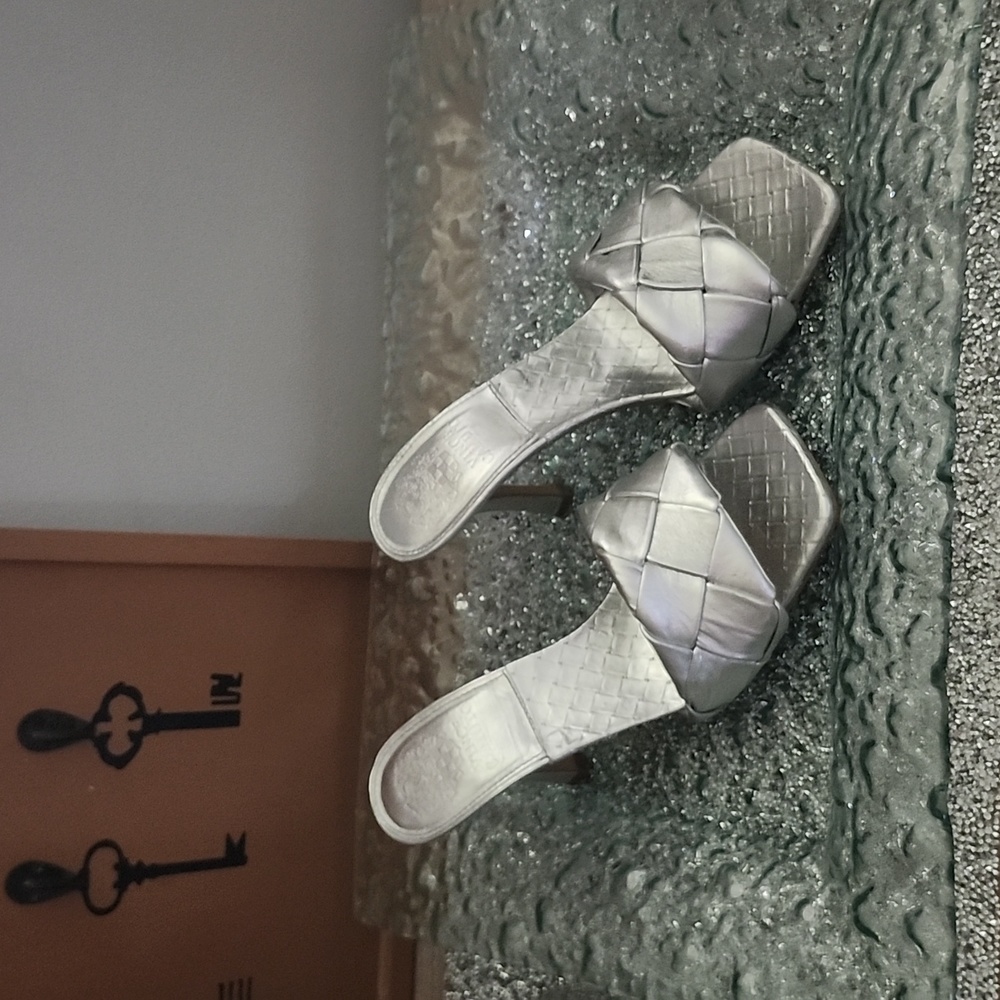 Vince Camuto platinum slide heels